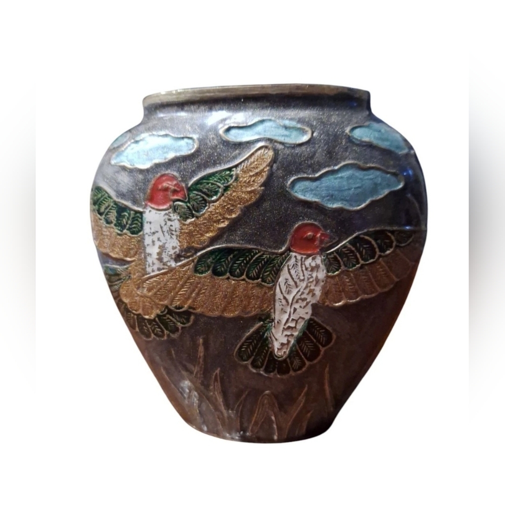 Vintage Brass Enamel Vase Nature Bird Animals Scene